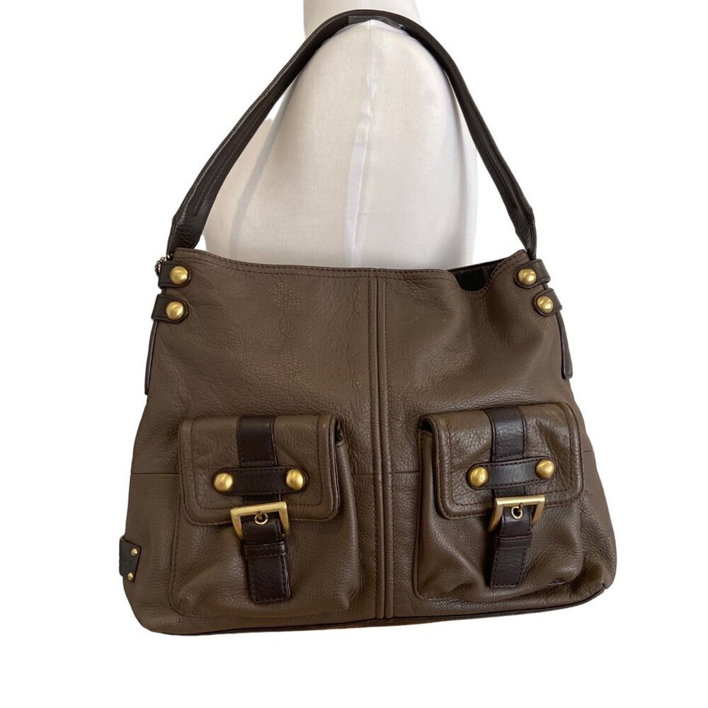 Tignanello Brown Soft Leather Shoulder Bag many compartments Dual Front Pockets